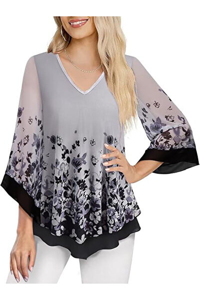 OEM Women's loose summer T-shirt, 2 layers, 3/4 sleeves, gray L