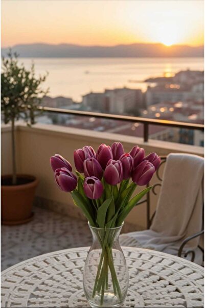 ENRUFLORA 8Lİ Mor Islak Lale Yapay Gerçek Dokulu Dekor Süs Aranjman Özel Gün