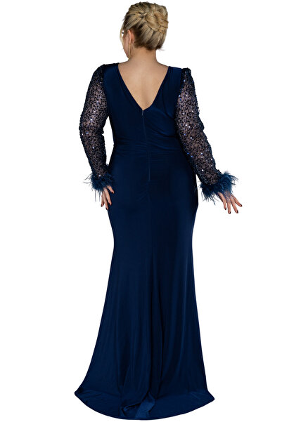 Arden Plus Size Long Evening Dress, Double-Breasted V-Neck, Long Sleeve with Sequined Otriche, Slit , Wedding Fish Evening Dress,46-56