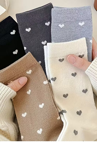 peru moda 5 Çift 4 Mevsimlik Kadın Kalp Desenli Soket Çorap Seti – Rahat, Yum...