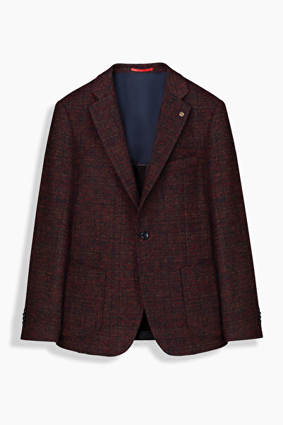 Sarar Interview Men's Woven Fabric Slim Fit Wool Plaid Burgundy Jacket