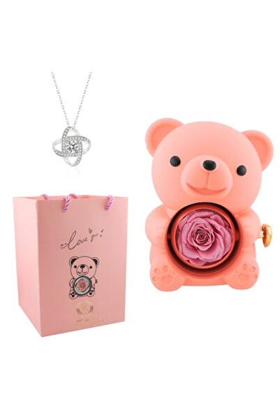 RAVADINO Ursuleț acrilic cu trandafir criogenat și lanț din argint cu pandantiv Infinity, MyRavadino™, roz