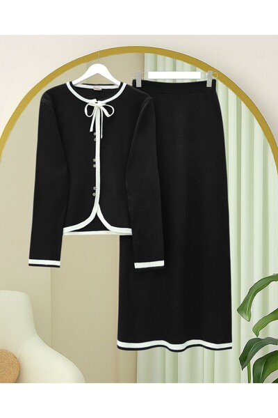 Modamorfo Lace Detailed Striped Buttoned Skirt Knitwear Set - Black