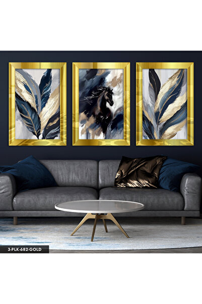Evinemoda Siyah At ve Yaprak 3 Parça Gold Pleksi Aynalı Tablo