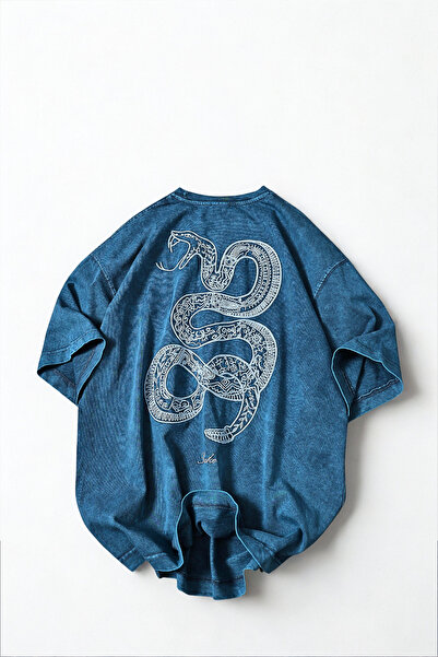 A&O Style Men's Blue Oversized Snake Embroidered Washed Crew Neck T-Shirt