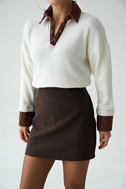 LİNDALİNA TEKSTİL Women's Regular Half Zipper Collar and Sleeve Denim Detailed Knitwear Sweater