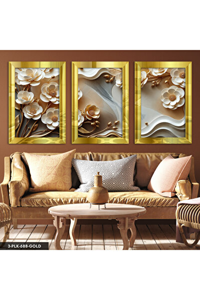 Evinemoda Flori albe elegante cu frunze aurii, tablou cu oglindă din plexigla...