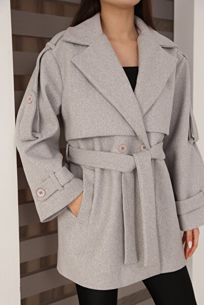 Leo Ferre Women's Kırem Kaşe Double-Breasted Collar Belted Coat. 1891.