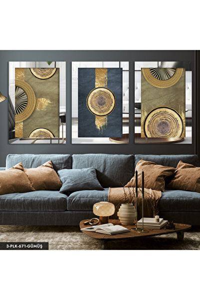 Evinemoda Gold Dairesel Soyut Sanat 3 Parça Gümüş Pleksi Aynalı Tablo