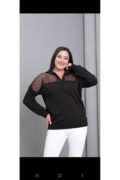 Marka Plus Size Mesh Detailed Two-Thread Sweat