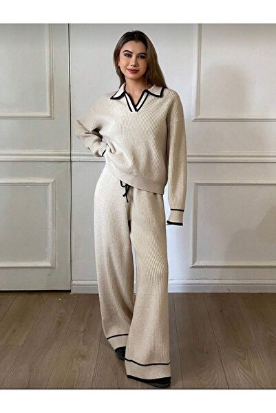 peri tower New Season V-Neck Black Stripe Bottom-Top Knitwear Set 0056