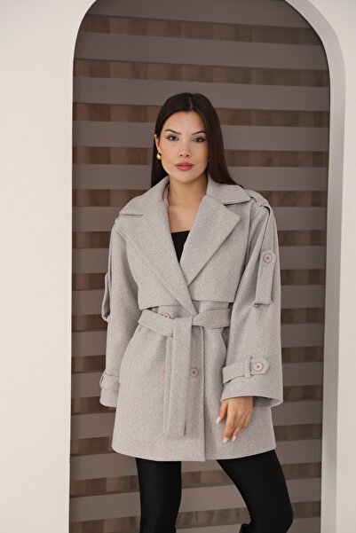 Leo Ferre Women's Kırem Kaşe Double-Breasted Collar Belted Coat. 1891.