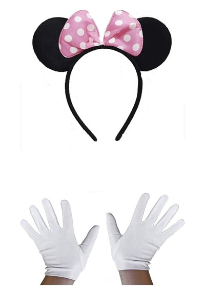 Vipfoni Pembe Fiyonklu Minnie Mouse Tacı ve Beyaz Eldiven Seti