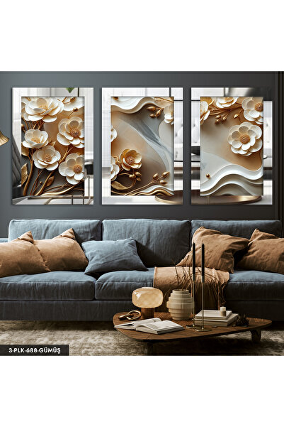 Evinemoda Gold Yapraklı Zarif Beyaz Çiçekler 3 Parça Gümüş Pleksi Aynalı Tablo