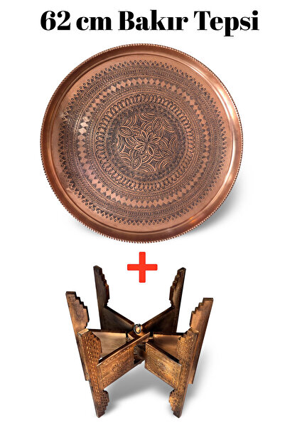 Binbir Trend 62 cm Hand Embroidered Authentic Patterned Thick Urfa Copper Tray + Foldable Coffee Table - Copper-Tps498