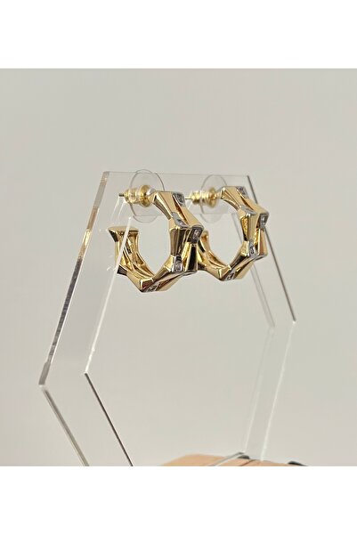 mibrillo Brand Equivalent Two-Tone Stone Detailed Hoop Earrings