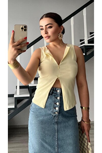 Oslove Yellow Zipper Detailed Blouse