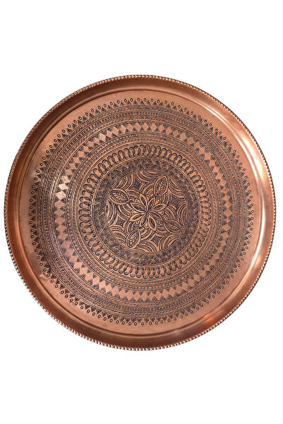 Binbir Trend 62 cm Hand Embroidered Authentic Patterned Thick Urfa Copper Tray + Foldable Coffee Table - Copper-Tps498