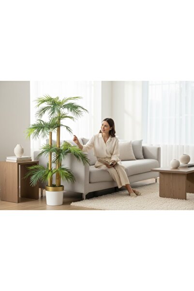 ERHAN FLOWERS Yapay Palmiye Ağacı Bambu 4 Gövdeli 36 Yaprak 145 CM beyaz gold...