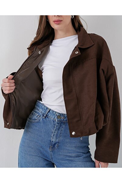 Modamorfo Women's Brown Oversized Suede Jacket 1055