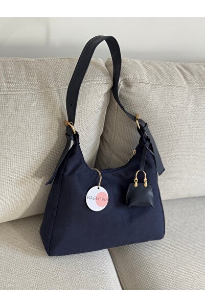 BAGLOVİS Suede Dark Blue Women's Shoulder Bag with Hooks, Buckle Details and Small Wallet En34 Boy22