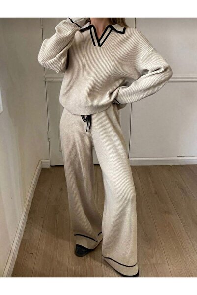 peri tower New Season V-Neck Black Stripe Bottom-Top Knitwear Set 0056