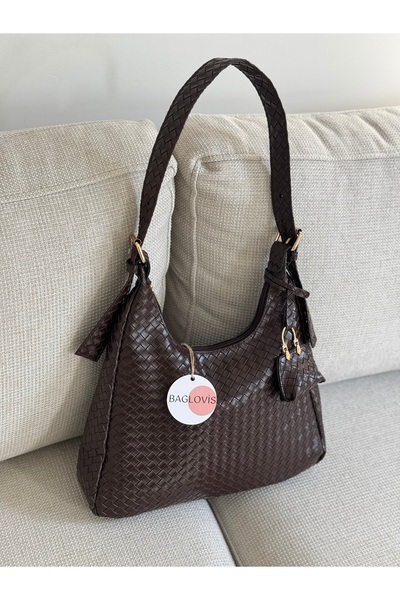 BAGLOVİS Askisi Toka Detailled Mini Wallet Knitted Brown Women's Shoulder Bag En34 Boy22