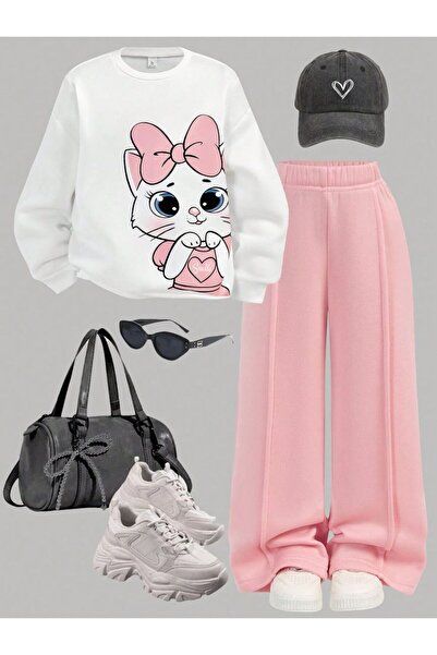 VESTIR BIEN Kedi Baskılı Kız Pamuklu Pembe Beyaz Çimalı Çocuk Alt Üst Takım
