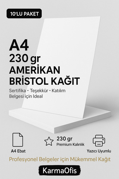 KarmaOfis A4 230 gr Amerikan Bristol Sertifika Kağıdı 10’lu – Kalın Belge ve ...