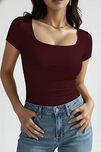 SWALORA U Neck Short Sleeve Stretch Fabric Blouse