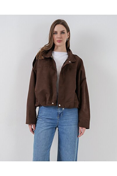 Modamorfo Women's Brown Oversized Suede Jacket 1055