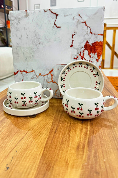 Janset Kütahya Handmade Mug with 2 Plates - Cherry Season