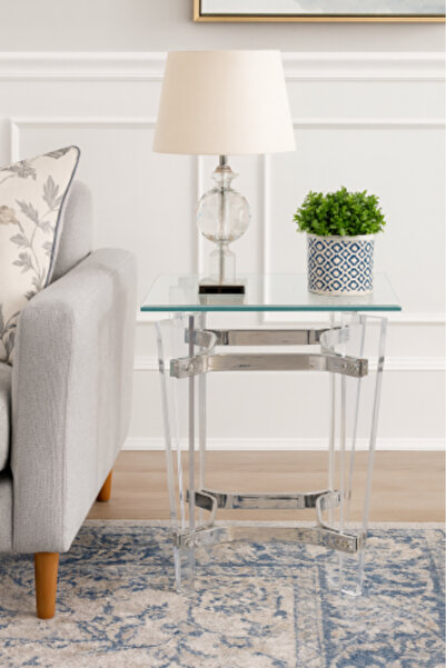 HOMEZ NEED طاولة جانبية أكريليك مع سطح زجاجي وإطار فولاذي فضي - تصميم عصري فاخر