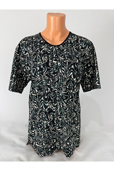 YAŞAR TRİKO Women's Green Black Patterned U Neck Short Sleeve Side Slit Viscose Mother Combed Cotton T-Shirt Blouse