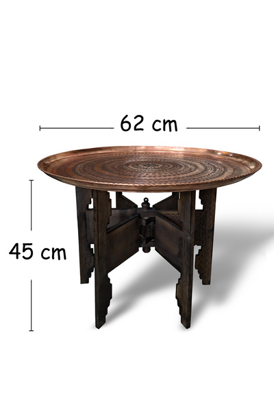 Binbir Trend 62 cm Hand Embroidered Authentic Patterned Thick Urfa Copper Tray + Foldable Coffee Table - Copper-Tps498