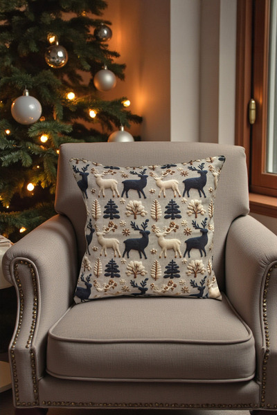 DECOROMA Husă de pernă cu cerb și copaci de pin de Anul Nou, cu aspect 3D, albastru cu imprimeu