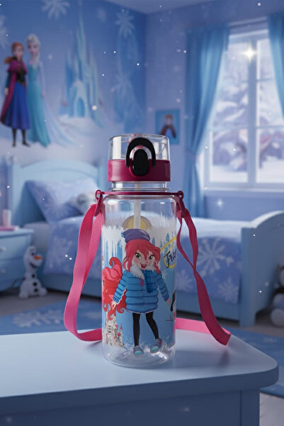 krommet Desenli Otomatik Kapak Pipetli Okul Matarası, Plastik Çocuk Matarası ...