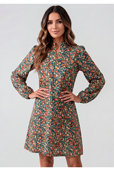 Little Visqon Uzun Kollu Çiçek Desenli V Yaka Kısa Elbise