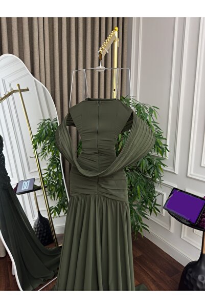 EVENTANA Embroidered olive chiffon dress by Eventana