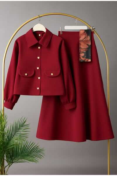 MODA VEDAT Women's Gold Buttoned Scuba Fabric Suit with Skirt -0580