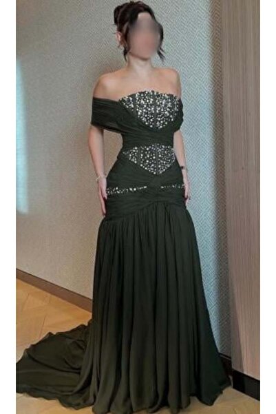 EVENTANA Embroidered olive chiffon dress by Eventana