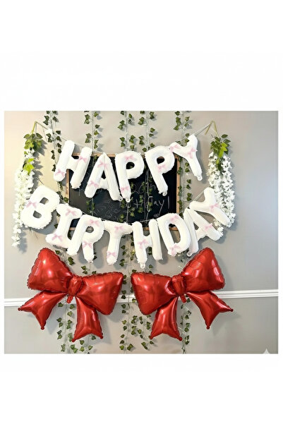 DÜVENCİ TİCARET Kırmızı fiyonk beyaz happy birthday folyo set