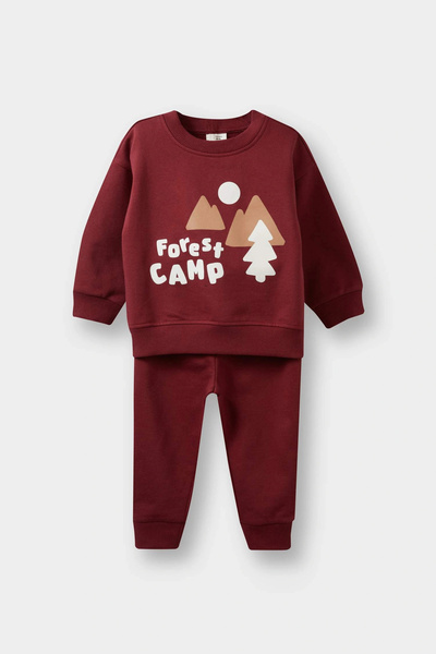 DeFacto E9279A5Br281 Claret Red Baby Boy 2-Piece Set Printed Sweatshirt Sweatpants