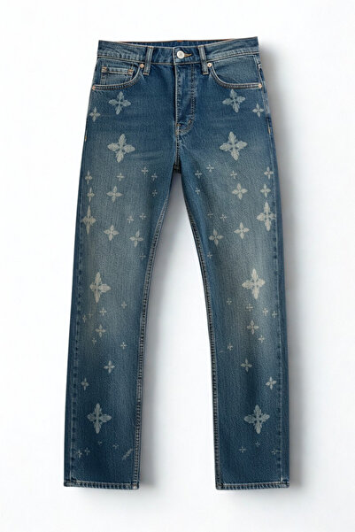 A&O Style Men's Blue Regular Patterned Washed Jean Denim Pants