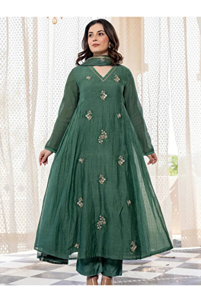 MYSMAR Green Cotton Salwaar Kameez Dupatta - ALV2000 | Green