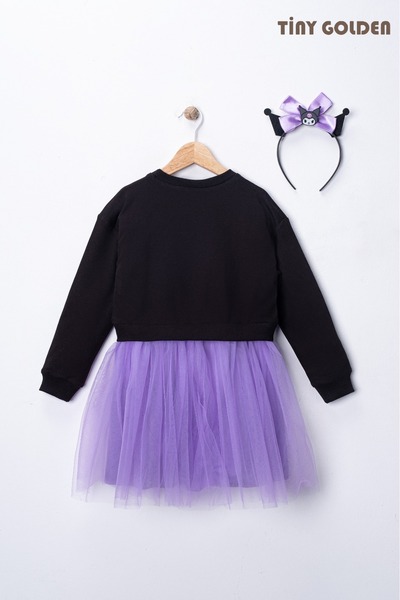 TİNY GOLDEN Kız Çocuk Siyah -Mor Kuromi Doğum Günü Parti Taçlı Tül Elbise