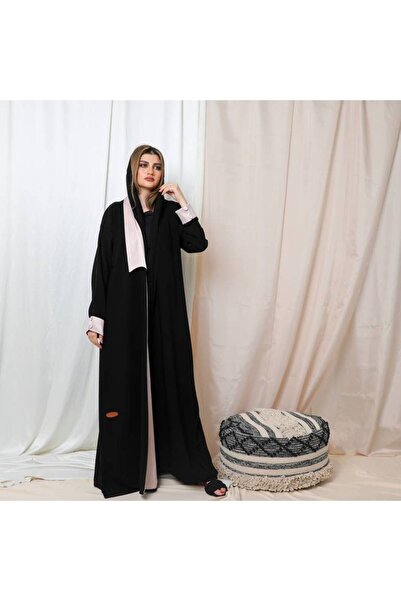 Leatherthreads Black abaya with pink silk details on the sleeves and collar