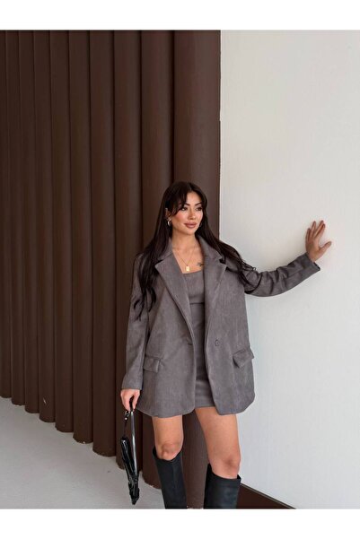 MADAME MELEK Εισαγόμενο φόρεμα με λουράκι από ύφασμα Scuba Suede & Σετ μπουφάν V βάτα