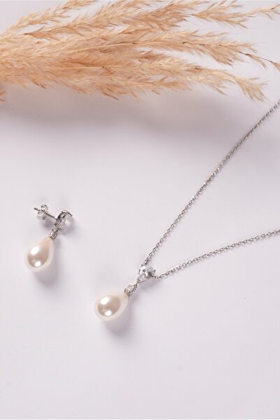 SUNSHINE 925 Ayar Gümüş Damla Taşlı İnci Set Kolye
