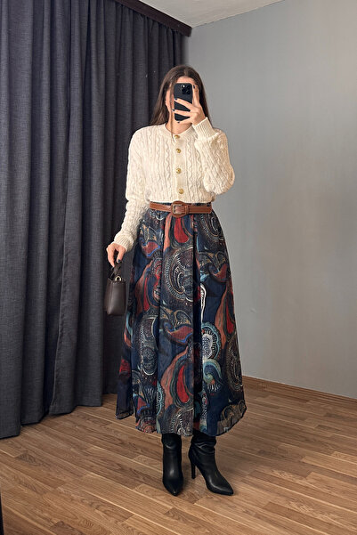 Sorridi Belted Metallic Drawstring Patterned Chiffon Skirt
